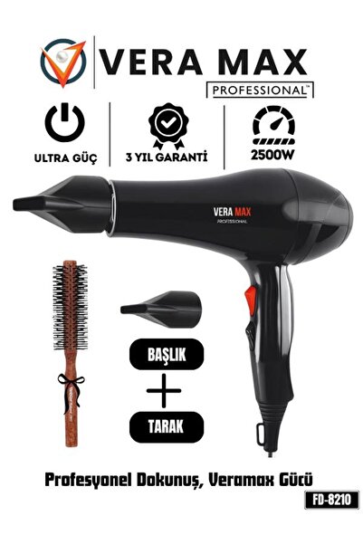 veramax Profesyonel Saç Kurutma Isı Ayarlı Kuaförlerin Tercihi Taraklı Fön Makinası 2500WT FD-8211