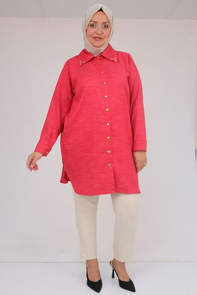 Eslina 58094 Large Size Button Collar Detailed Tunic - Red Crushed