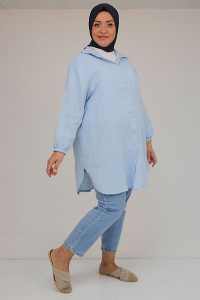 Eslina 58091 Large Size Muslin Shirt with Elastic Sleeves - Light Blue