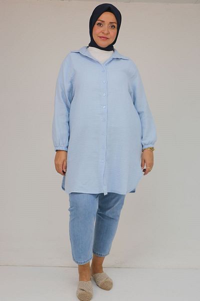 Eslina 58091 Large Size Muslin Shirt with Elastic Sleeves - Light Blue