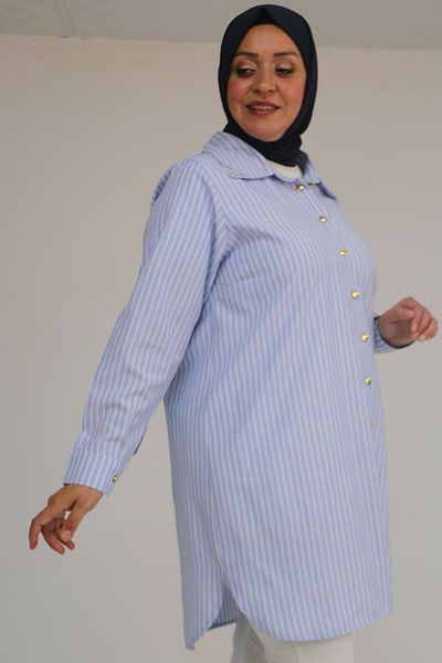 Eslina 58095 Large Size Collar Button Detailed Tunic - Striped Blue