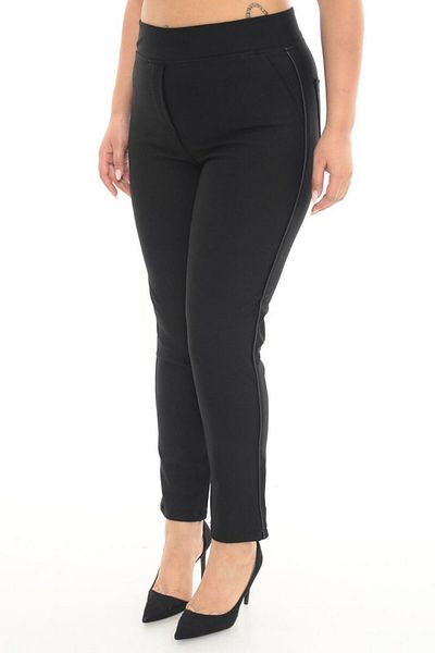 AKŞEN GİYİM Plus Size High Waist Two Sizes Slimming Black Pipe Leg Trousers with Leather Side Piping