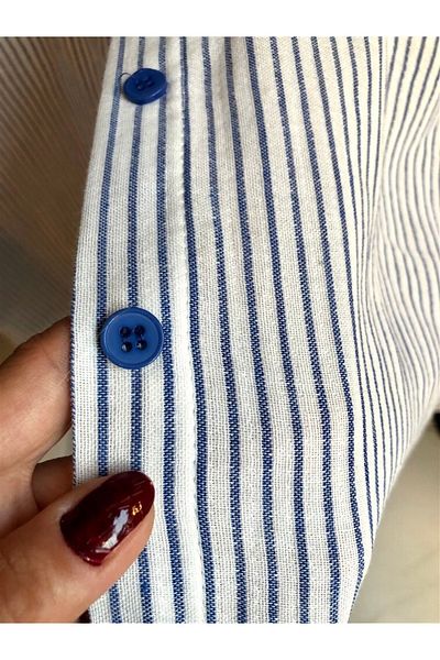 Gözde Tasarım Butik Women's Dark Blue White Striped Straw Belt Shorts Shirt Linen Set