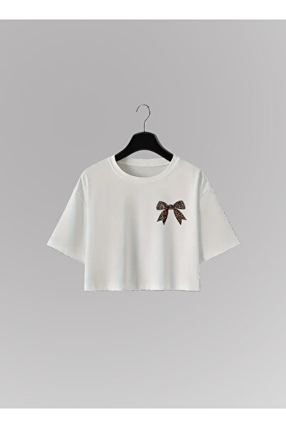 haha Leopard Bow Printed Crop T-Shirt for Women