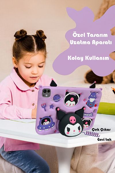 TEKNETSTORE Samsung Galaxy Tab A9 Plus 11 Inch Sm-X210 Kuromi Lilac Children's Case with Strap Stand Fun Character
