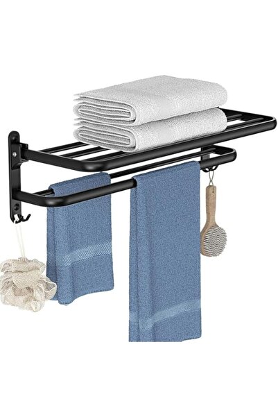 Generic حامل مناشف قابل للطي بدون حفر من MedMad لجدار الحمام، حامل مناشف أسود غير لامع، ملحقات الحمام