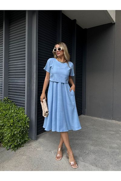 Afiş Butik Blue Blouse Skirt Look Linen Dress
