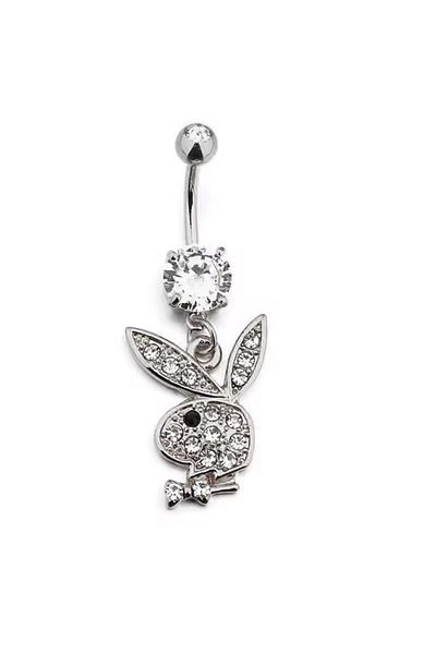 Siya Silver Zircon Stone Steel Dangle Playboy Rabbit Belly Piercing - 4 cm