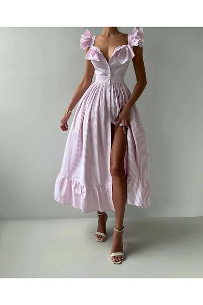 369 etnik butik Ruffle Strap Button Striped Belted Midi Dress – Pink, Yellow, Blue