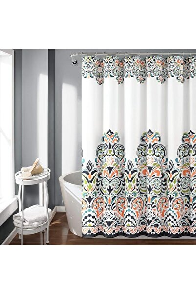 Generic Lush Decor Navy and Tangerine Clara Shower Curtain-Fabric Colorful Boho Paisley Damask Print Design