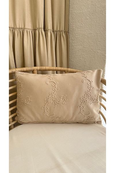 Decamor home Beige Throw Pillow Case with Embroidery Detail Pattern 1