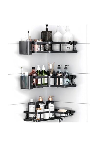 Generic مجموعة رفوف الاستحمام الزاوية AMINAC، 5 قطع، رف حمام من 3 طبقات مع صن...