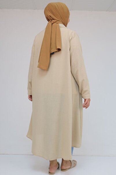 Eslina 58102 Μεγάλο Μέγεθος Πέτρα Λεπτομερές λινό τουνίκ Mevlana - Μπεζ