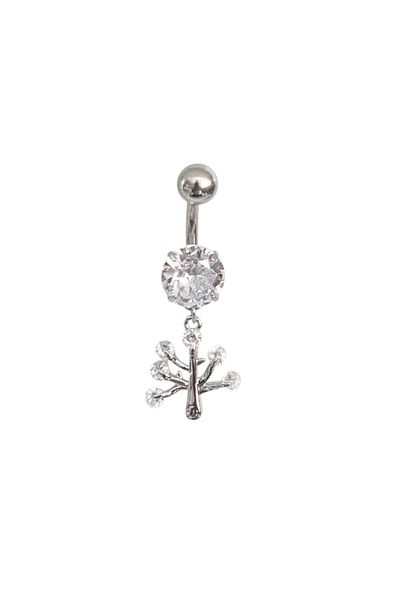Siya Silver Zircon Stone Steel Hanging Tree of Life Navel Piercing - 3.5 cm