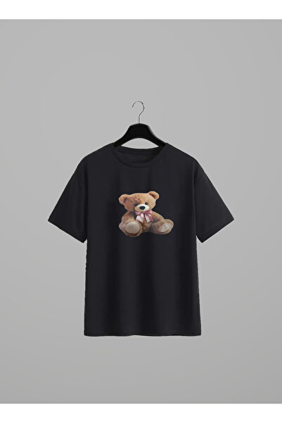 haha تي شيرت أسود مطبوع عليه تيدي بير للنساء