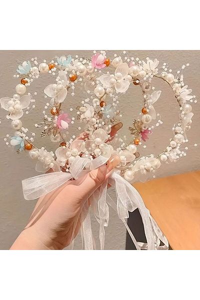 Yıldız Accessory Flower Embellished Pearl Bridal Tiara Hairband Special Occasion Wedding Henna Engagement Pink Blue Girl or Boy