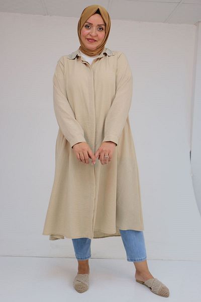 Eslina 58102 Large Size Stone Print Detailed Linen Mevlana Tunic - Beige