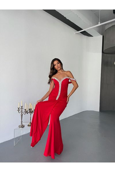 Zoe Zoe Pendant Sleeve Gathered and Stoned Crystal Fabric Stylish Evening Dress Isabelle Slim Fit