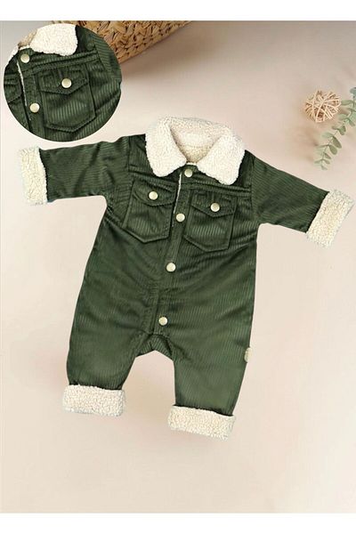 İLKE TEKSTİL Cotton Welsoft Velvet Baby Boy Winter Jumpsuit with Buttons and Pockets Design