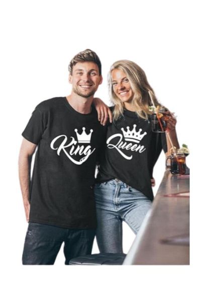 CRTX Set of 2 couple t-shirts, personalized thermal KING and QUEEN, 100% cotton, black, sizes S-XXL