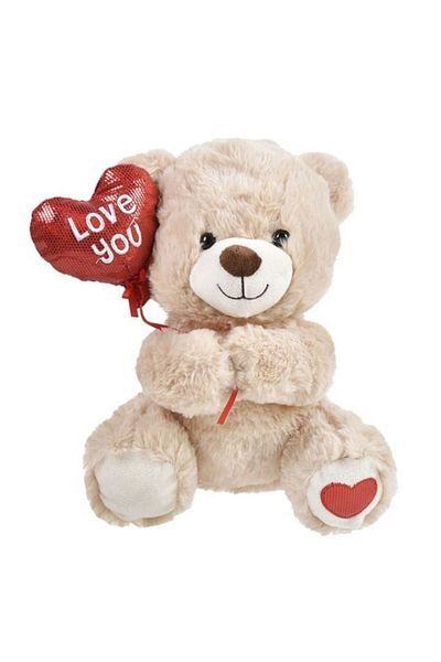 OEM Beige Plush Teddy Bear with Red Heart and Balloon, Love You, 24x18x25 cm