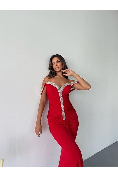 Zoe Zoe Pendant Sleeve Gathered and Stoned Crystal Fabric Stylish Evening Dress Isabelle Slim Fit