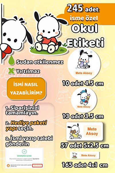 Sticker Ekspres Okul Etiketi Pochacco Sanrio Temalı Kalem Defter Etiketi Özel...