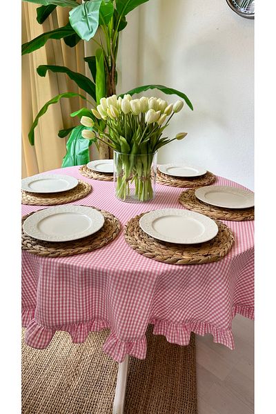 Decamor home Linen Pink Gingham Ruffled Worry-Free Stain-Proof Round Tablecloth