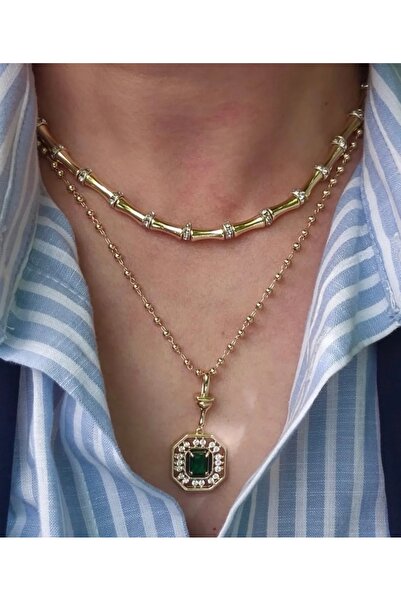 ganispe Serenay İkili Çelik Kolye | Leyla Yeşil Baget Kolye Taşlı Boru Boncuk...