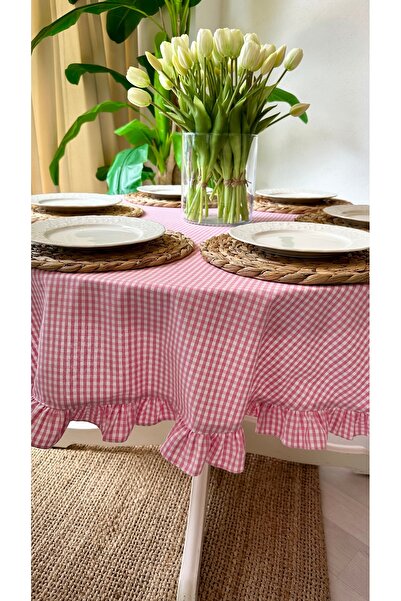 Decamor home Keten Pembe Pötikare Fırfırlı Dertsiz Leke Tutmaz Yuvarlak Masa Ö