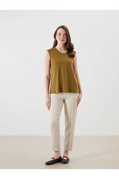 LC Waikiki Lcw Grace Khaki V-Neck Lace Detailed Blouse