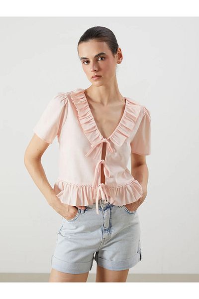 LC Waikiki Lcw Vision Pink Ruffle V Neck Blouse