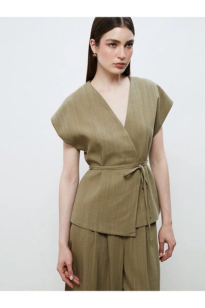 LC Waikiki Soulife Khaki Double Breasted Collar Linen Look Blouse