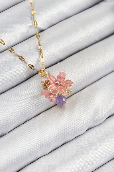 norsary 316L Steel Zircon Stone Bee Detailed Pink Flower Model Gold Color Women's Necklace
