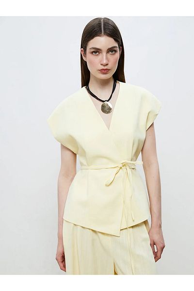 LC Waikiki Soulife Sari Double Breasted Collar Linen Look Blouse