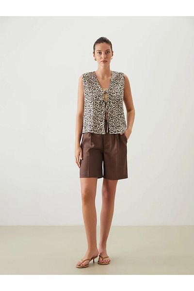 LC Waikiki Lcwaikiki Classic Brown V-Neck Leopard Print Blouse