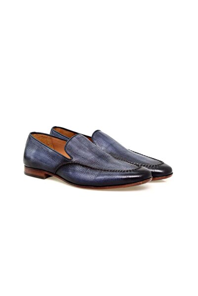 FRANCO CALVANI حذاء رجالي من الجلد الطبيعي بدون أربطة باللون الأزرق الداكن