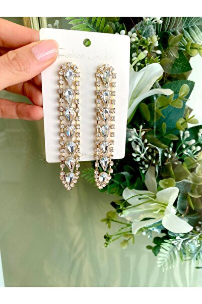 Lilyum Aksesuar Büyük Beyaz Damla Taşlı Uzun Abiye Küpe