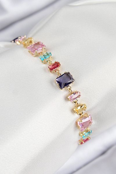 norsary Brass Colored Zircon Stone Row Rectangular Model Gold Color Women's Bracelet