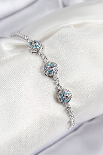 norsary Brass Zircon Stone Evil Eye Model Silver Color Women's Bracelet