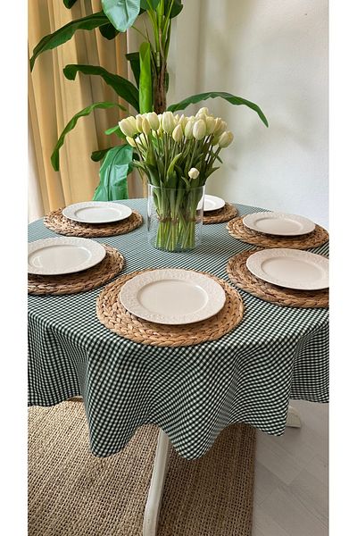 Decamor home Stain-Proof, Trouble-Free Emerald Green Gingham Round Table Cloth