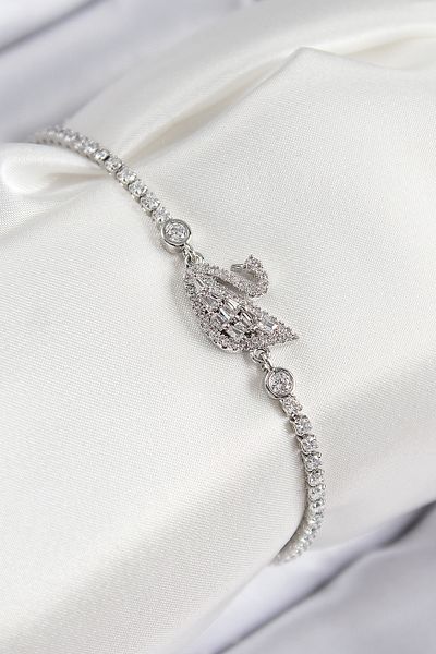 norsary Brass Zircon Stone Swan Model Silver Color Women's Bracelet