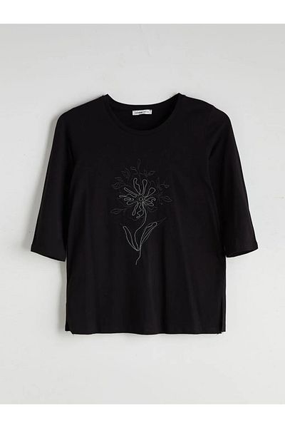 LC Waikiki Lcw Grace Black Crew Neck Floral Embroidery Blouse