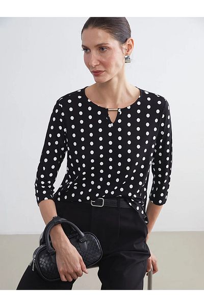 LC Waikiki Lcw Grace Black Crew Neck Polka Dot Blouse