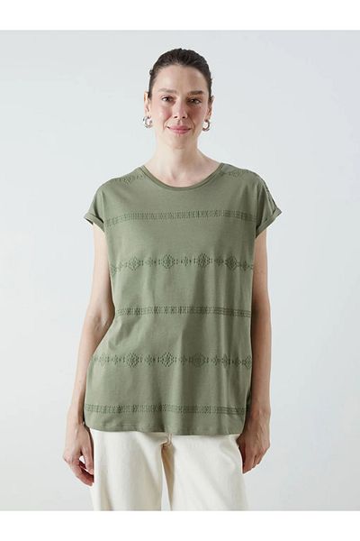 LC Waikiki Lcw Grace Khaki Crew Neck Patterned Blouse