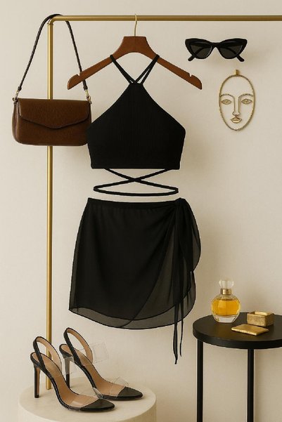 Fantezia Night women's black criss-cross crop top and pareo 2-piece set