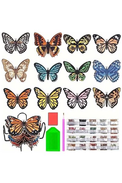 Home Dekoratif hediyelik 5d sayılarla kristal taşlı mozaik 12'li kelebek bard...