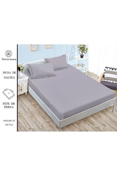 OEM Bed cover and 2 pillowcases, with elastic, Sonia-Home, Damask, 2 persons, Plain, 180x200cm, Grey