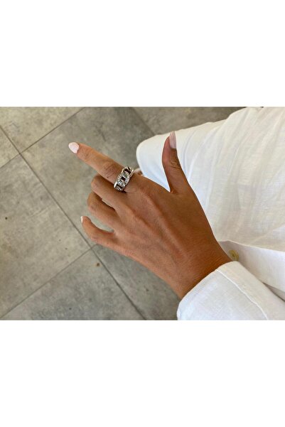 marsel aksesuar خاتم من الفولاذ الفضي قابل للتعديل مع سلسلة من الأحجار الكريمة