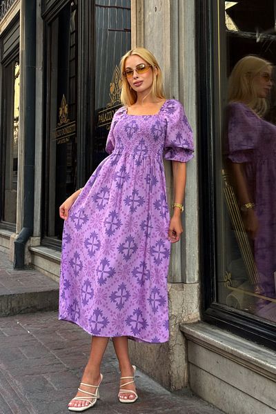 bacc Lilac Square Neck Waist Floral Pattern Woven Summer Dress Bcvl-25V095-1